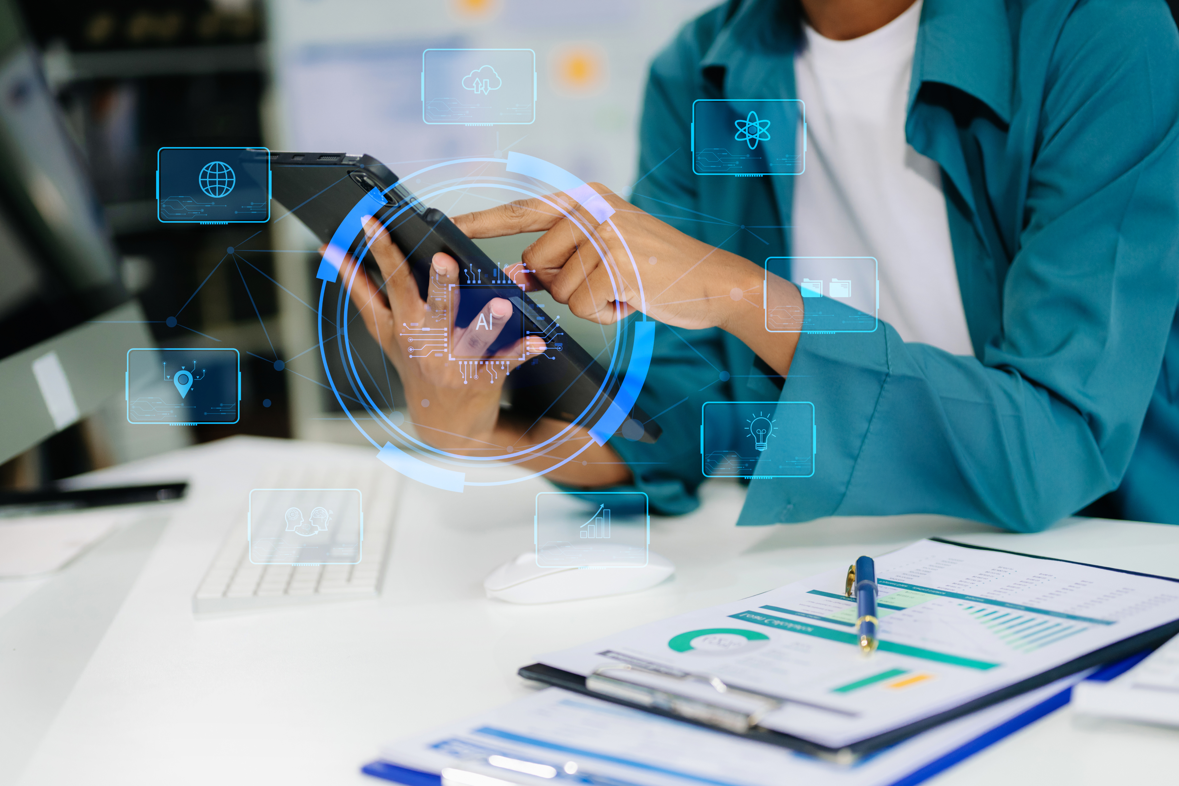 Business professional exploring AI tools on a tablet